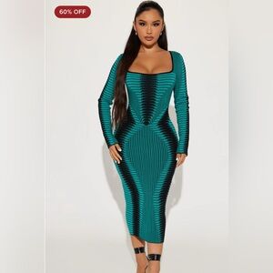 Fashion Nova Teal and Black Long-Sleeve Bodycon Midi Dress